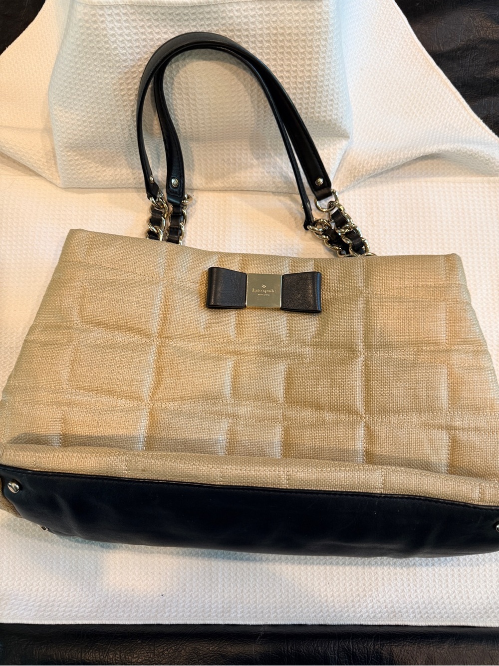 kate spade Veranda Place Beige and Black Quilted Tote with Bow Detail